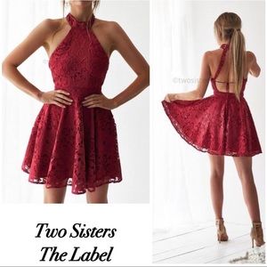Two Sisters the Label Tara Halter Open Back Lace Red Burgundy Mini Dress size 4
